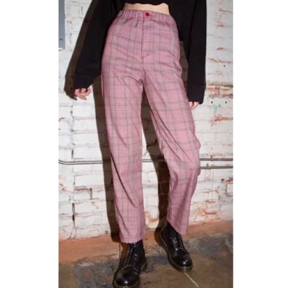 NWT Brandy Melville Wide Leg Trouser High Rise Amelia Pant Red Plaid Houndstooth